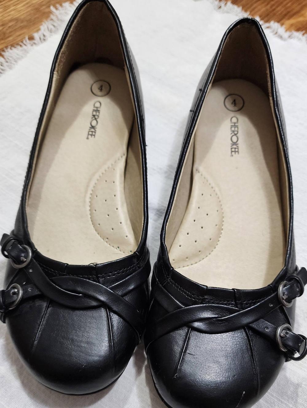 Cherokee Black Leather-Look Ballet Flats with Buckle Detail
